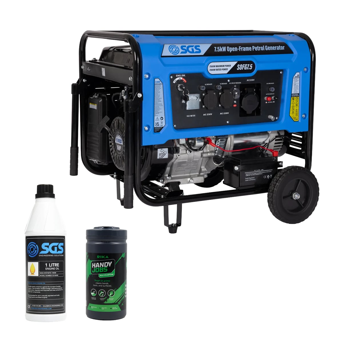 SGS 7.5kW Heavy-Duty Open-Frame Petrol Generator Bundle with Oil & Multipurpose Wipes